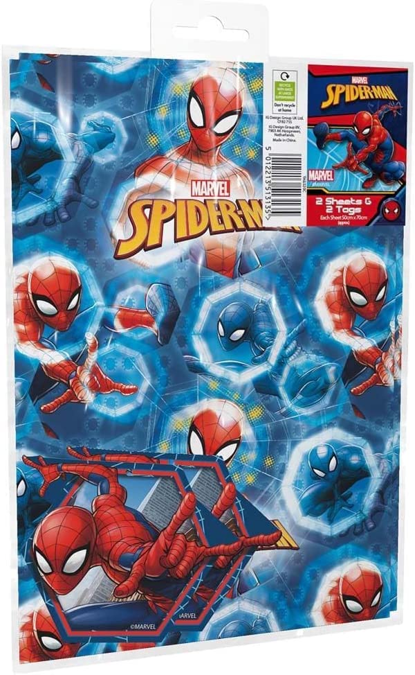 Spiderman Wrapping Paper 2 sheets Of Gift Wrap And 2 Gift Tags  blue  red